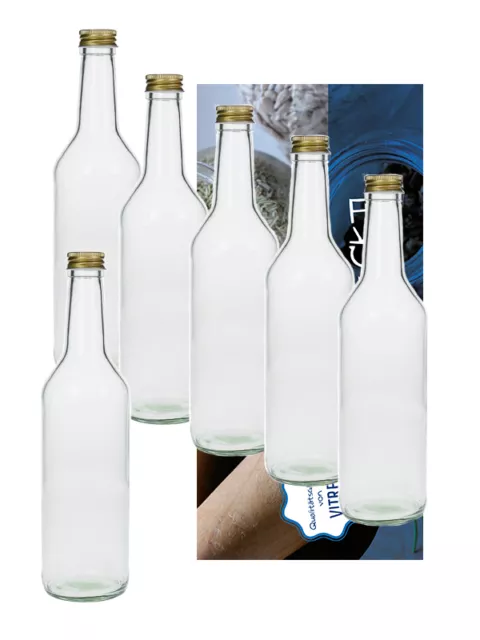 1 leere Glasflasche Flaschen 1000ml Geradh mit Schraubverschluss Gold + Trichter