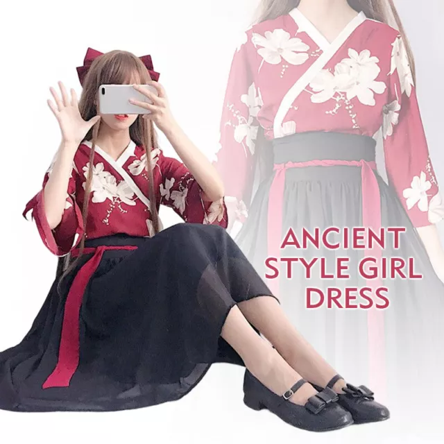 Kimono Sakura Girl Japanese Style Haori Floral Print Cosplay Hanfu Dress XS-2XL