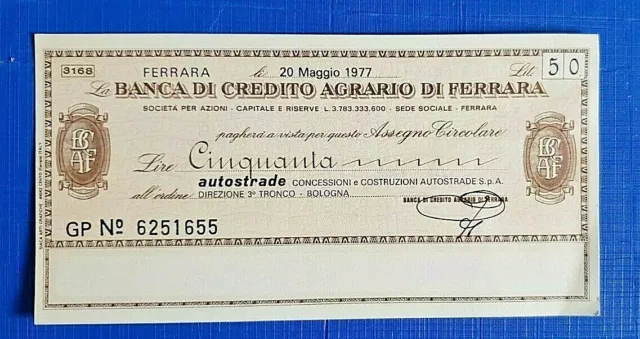 banca di credito agrario di ferrara miniassegno lire 50 1977