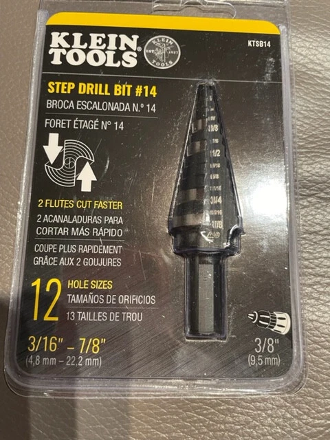 NEW Klein Tools KTSB14 3/16 to 7/8 Step Drill Bit #14 12 hole sizes Sealed