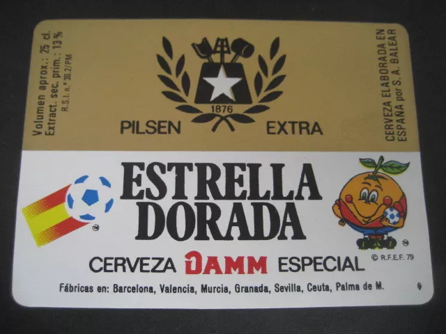 Beer Label Gold Star Damm. World Football Spain 1982. Naranjito