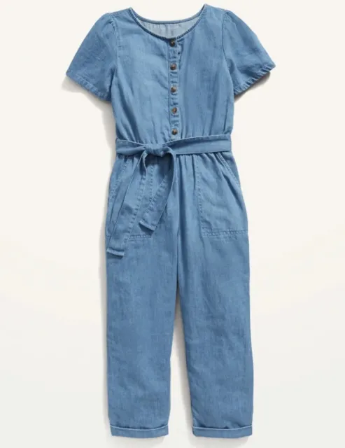 Old Navy Denim Blue Short-Sleeve Belted Jean Jumpsuit for Girls Size 6-7