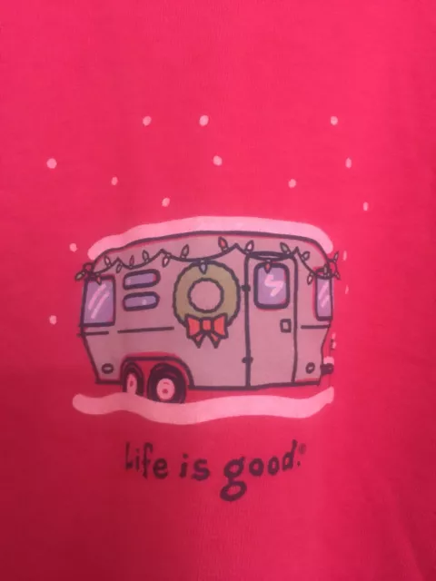 LIFE IS GOOD Women Long Sleeve Hot Pink "Christmas Motor Home" Cotton T-Shirts L