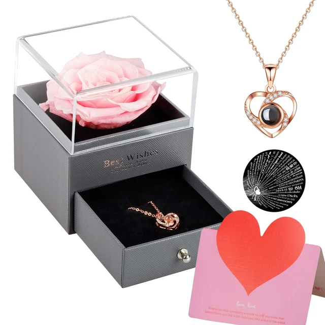 Mothers Day Gifts for Mom Preserved Red Rose with I Love You Necklace in 100