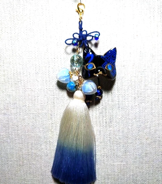 Japanese Shinto Fox KITSUNE Keychain Netsuke Fox Mask Black Blue KN-68 Japan