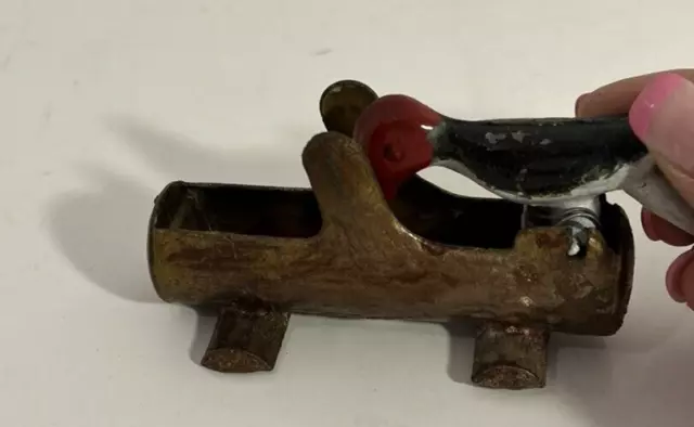 VintageCast Iron Metal Woodpecker On Log Toothpick Dispenser Hand Painted 2