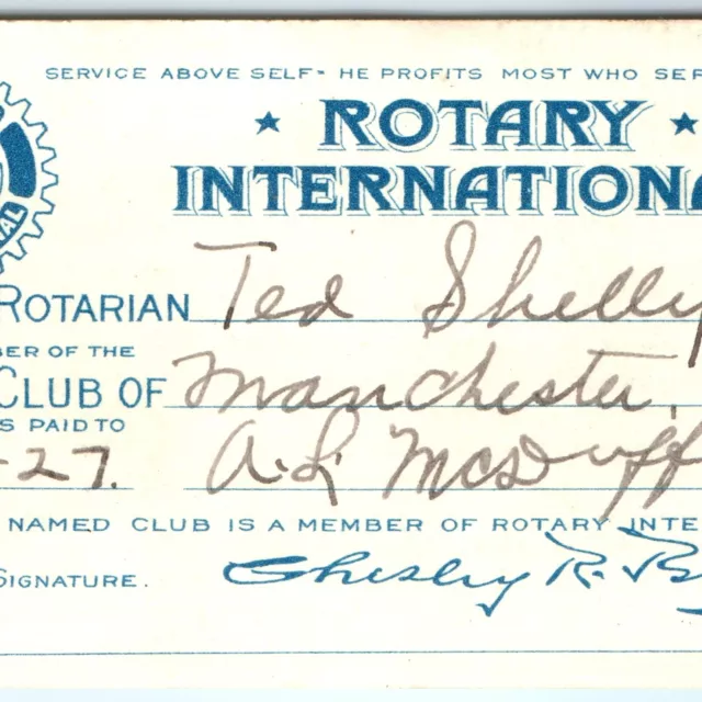 1927 Manchester, Iowa Rotary International Membership Card Theodore Shelly C46