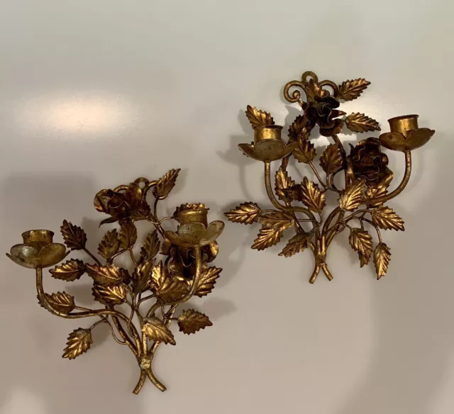 Vintage Italian Toleware Gilt Metal Rose  Floral Motif Pair Of Wall Sconces