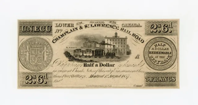 1837 2s6d / Un Ecu - Champlain & St. Lawrence Rail Road Co. CANADA Note CU