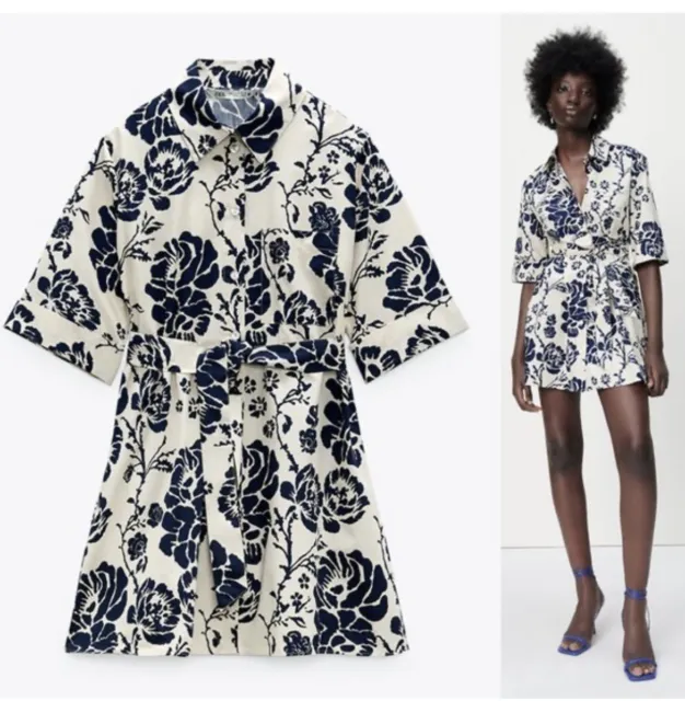 Zara Shirt Blue Floral Print Dress Size XS