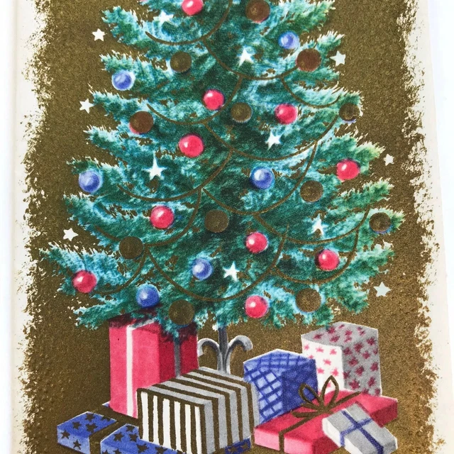 VINTAGE CHRISTMAS CARD Greeting Mid Century Tree & Gifts Gold Ornaments