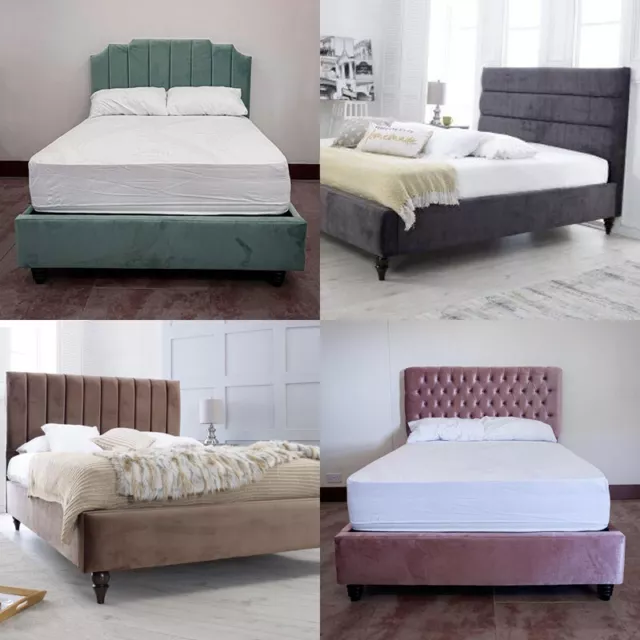 Modern Plush Velvet Upholstered Fabric Bed Frame with Floor Standing Headboard