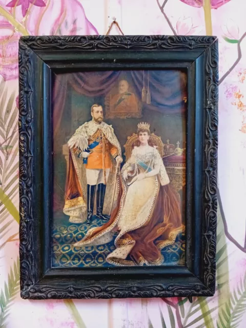 Picture King George V, Mary The Teck, Old Art Nouveau Wooden Frame, Antique