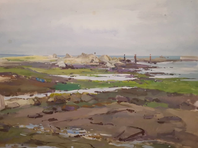 Aquarelle Originale Signée Charles Curtelin (1859-1960) – Paysage Marin Et Bateaux – Période 1920-1940