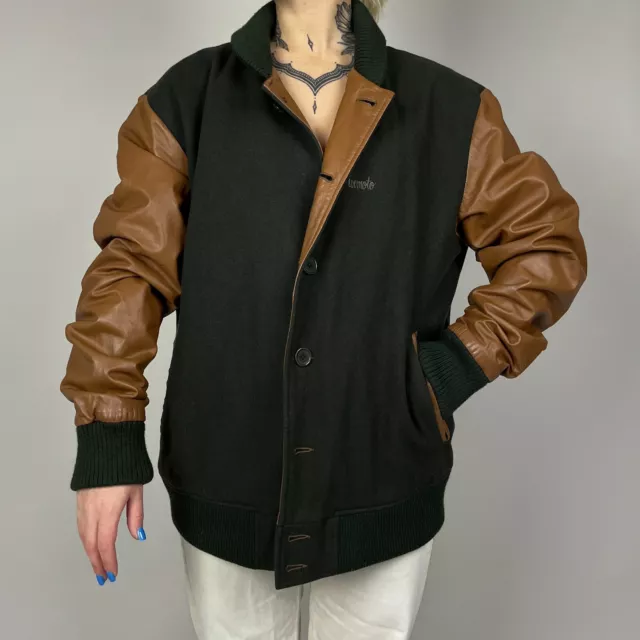 Wemoto wool leather mens varsity jacket Large L mens size dark green brown