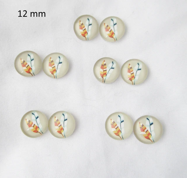 Boho Feather Glass Cabochon 12 mm, 10 pc Set Cameo Jewellery Earring Making