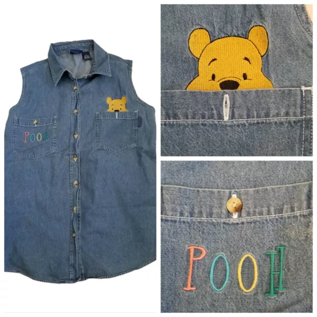 VINTAGE 90S WOMENS Winnie The Pooh Denim Chambray Sleeveless Buttonup ...