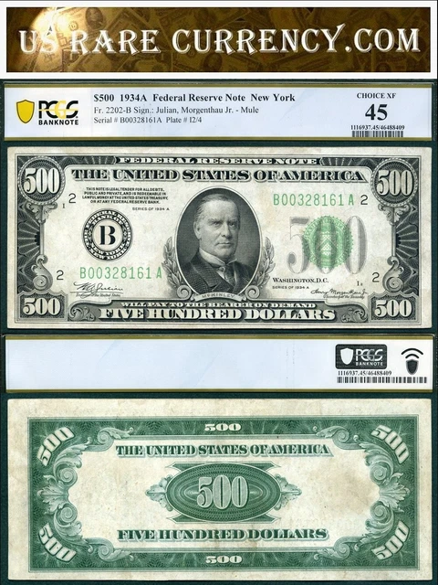 1934A $500 Federal Reserve Note FR-2202-B New York PCGS Choice XF45 Five Hundred