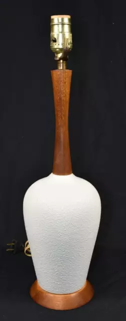 Vtg Teak Wood White Textured Small 19" Table Lamp MCM Mid Century Danish Modern