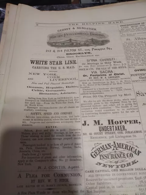 White Star line; ORIGINAL The Helping Hand 1889-90 Newspaper Adver.Full Sheet