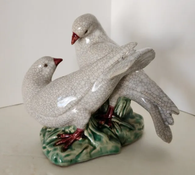 Chinese Crackle Glaze Porcelain Doves Figurine on Green Ground Base Excellent
