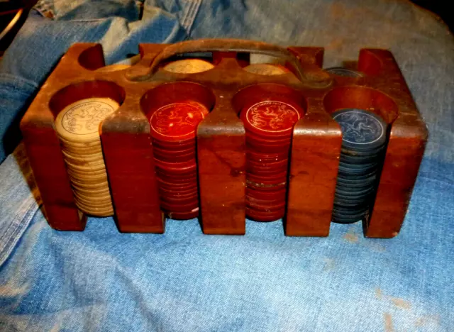 Poker Chips-Lion Rampant-Antique With Wooden Carrier-Rare