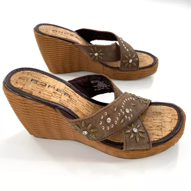Roper Womens Wedge Sandals Brown Leather Cross Strap Studded Rhinestone Sz 6