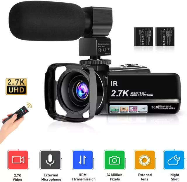 toberto 2.7K Video Camera HD Vlogging Camera Camcorder for YouTube 3.0" IPS Touc