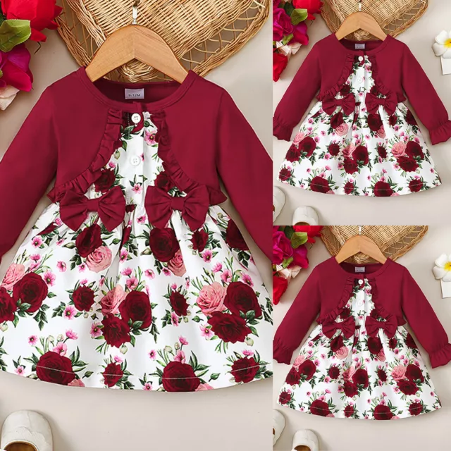 Baby Girls Floral Ruffle Bow Dress Infant Long Sleeve Outfits Party Clothes Set