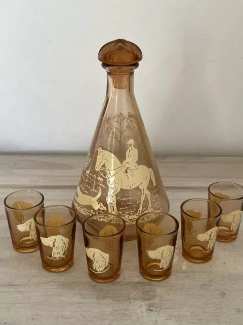 Vintage Peach Glass Horse & Hound Decanter & Stopper with 6 Shot Glasses Set