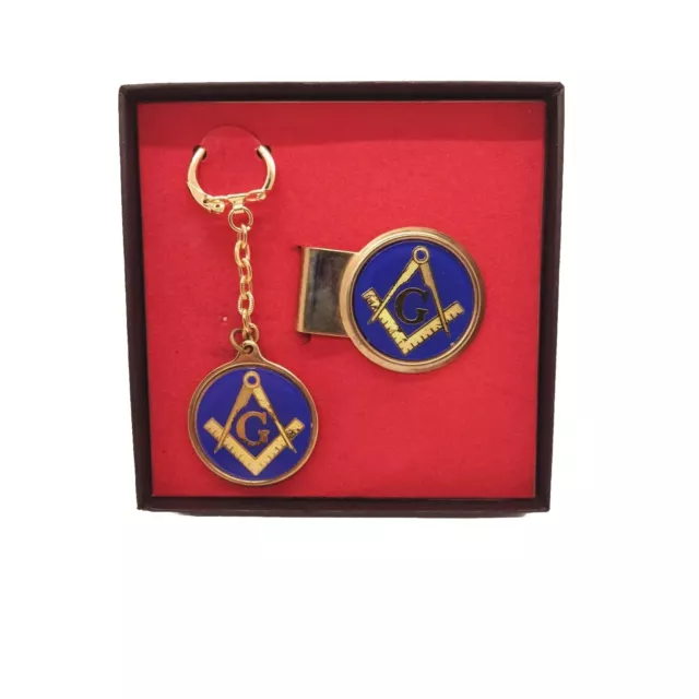 Freemason Vintage Money Clip & Key Chain Set Masonic Square & Compass Blue/Gold