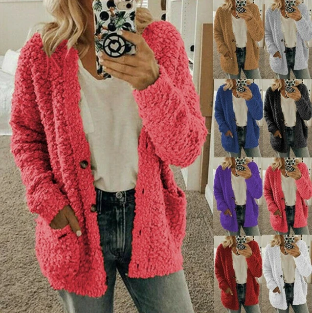 Womens Warm Teddy Bear Fluffy Coat Ladies Fleece Button Jacket Winter Outwear