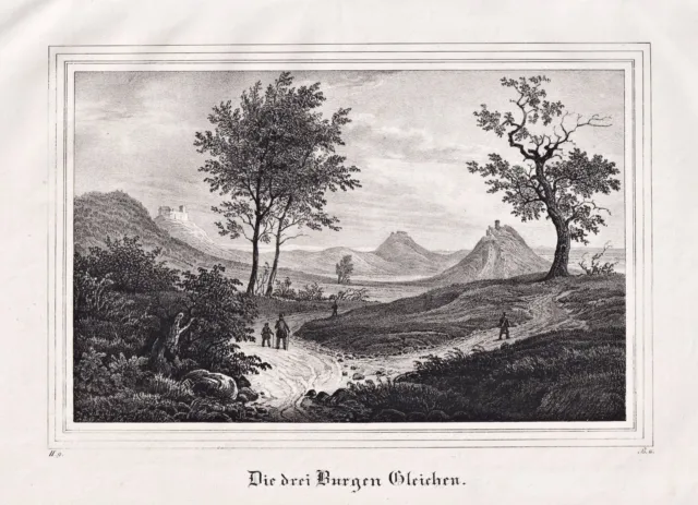 Die drei Gleichen Burg Burgen Thüringen Ansicht view Lithographie 1840