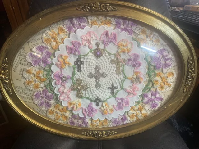 Gold Frame w/ Dome Glass over Vintage Crochet w/ Vintage/Antique/Modern Crosses