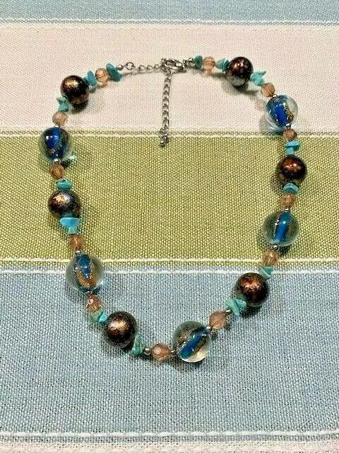 Charming Charlie Necklace 17" - 20 1/2" Round Beaded Blue Teal Brown