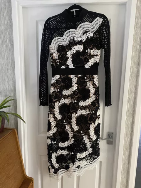 Self portrait Mixed Lace Asymmetric Midi Dress Black White Size 10 Long Sleeve