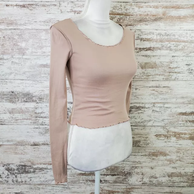 Topshop  Beige Lettuce Edge Long Sleeve Cotton Top, Size 2