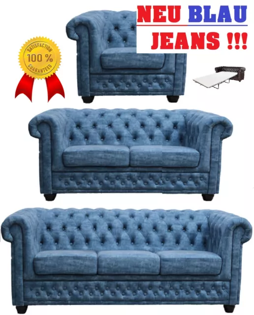 Vintage Chesterfield Set 3+2+1 "Blau Jeans Look" 3 Sitzer Sofa Sessel Schlafsofa