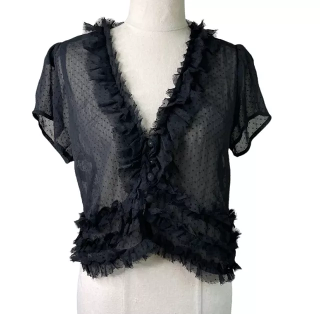 Friends Of Couture Blouse Womens 12 Black Sheer Polka Dot Mesh Ruffle Crop Sexy