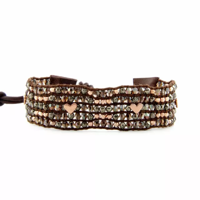 Bracelet perles AB cuir marron Topaz Pyrite Bead Golden heart Leather chan luu