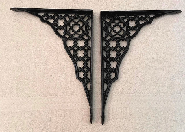 Antique Pair Cast Iron Shelf Brackets with Victorian Gothic Design