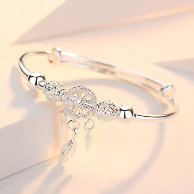 Women 925 Silver Dream Catcher Feathers Bracelet Bangle Wedding Jewelry Fashion