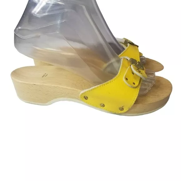 vintage Dr Scholls yellow leather wood exercise sandals made in Italy 8