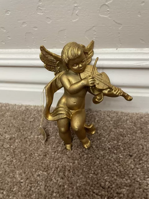 Vintage Gold Cherub Angel Christmas Ornament ~ Playing Violin Collectible “New”