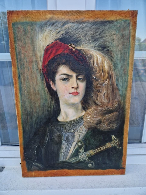 Tableau Ancien Peinture Huile / Toile Portrait Femme Élégante  À Restaurer