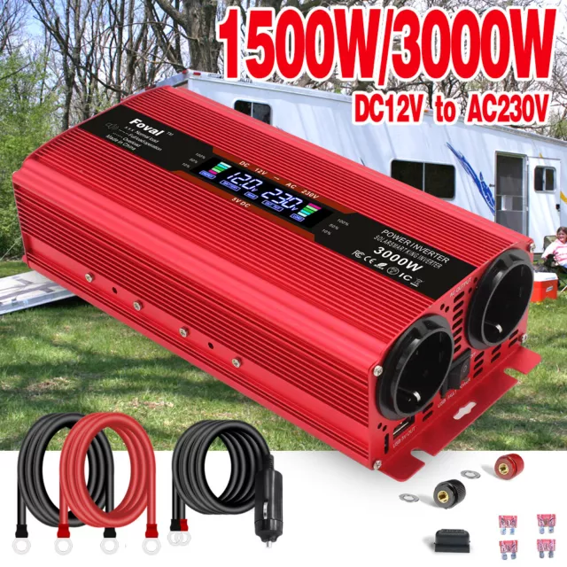 1500W 3000W convertidor de tensión inversor de potencia 12V a 230V USB 2AC