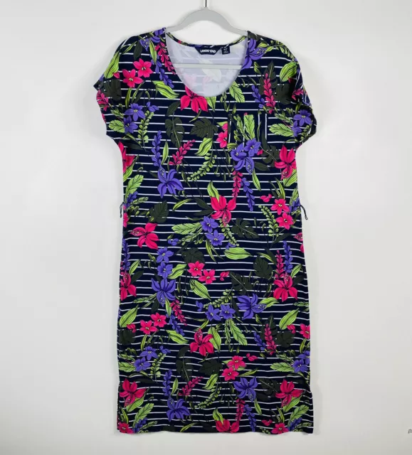 Lands End Size Small Cap Sleeve Midi T-shirt Dress Navy Blue Floral Striped