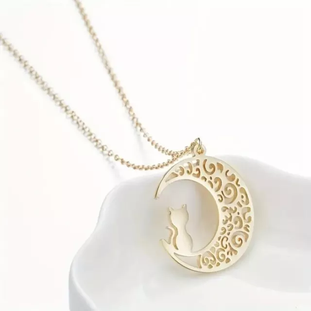 Fashion Women Stainless Steel Hollowed Out Moon Cute Cat Necklace Simple Gift