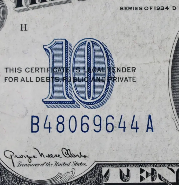 $10 1934D Narrow blue seal Silver Certificate B48069644A series D, ten $ bp 1398