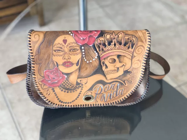 Genuine Leather Purse, Hand Painted Tooled Carved Day of The Dead Sugar Skull